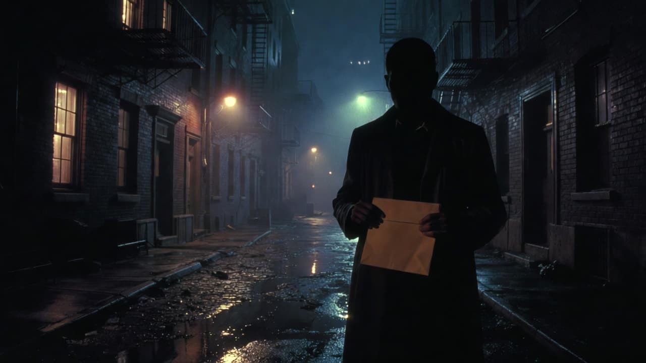A silhouette in a dark alley holding a manila envelope